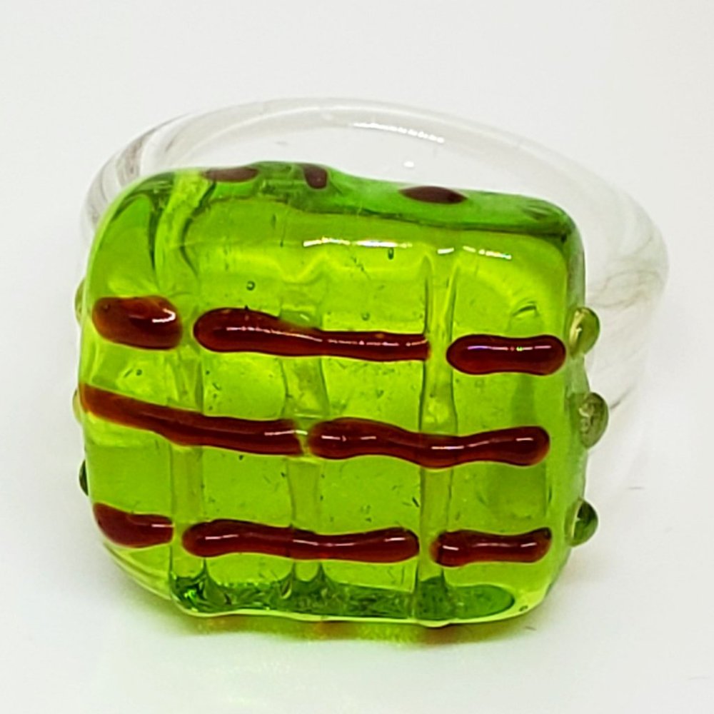 Vintage Mid Century Modern Apple Green and Red Square Front Glass Ring Size 7.5